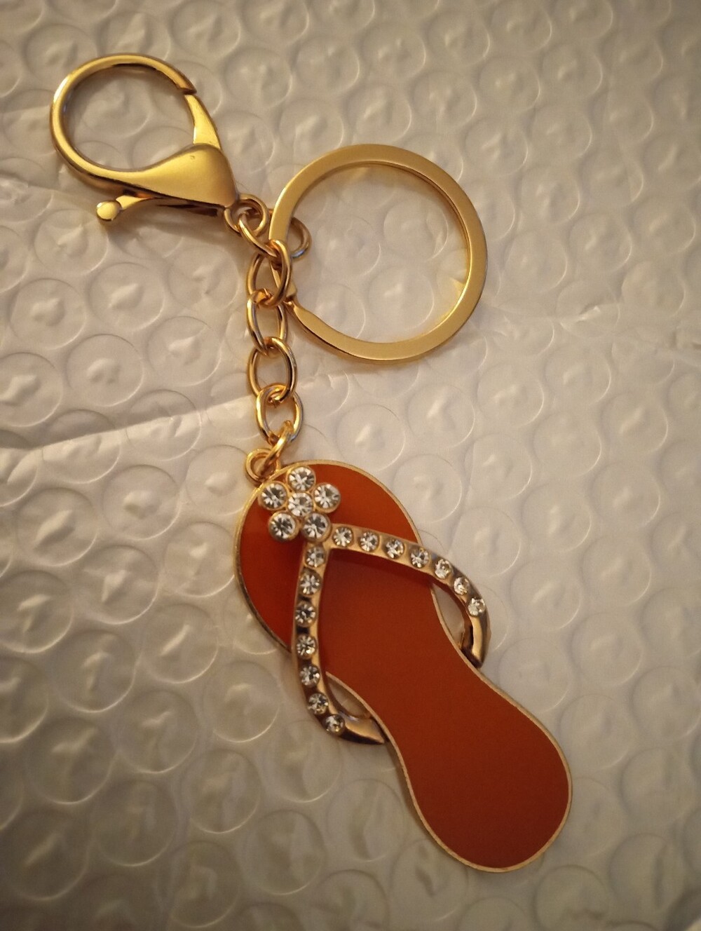 Gold Crystal Orange Flip Flop Keychain 5 In